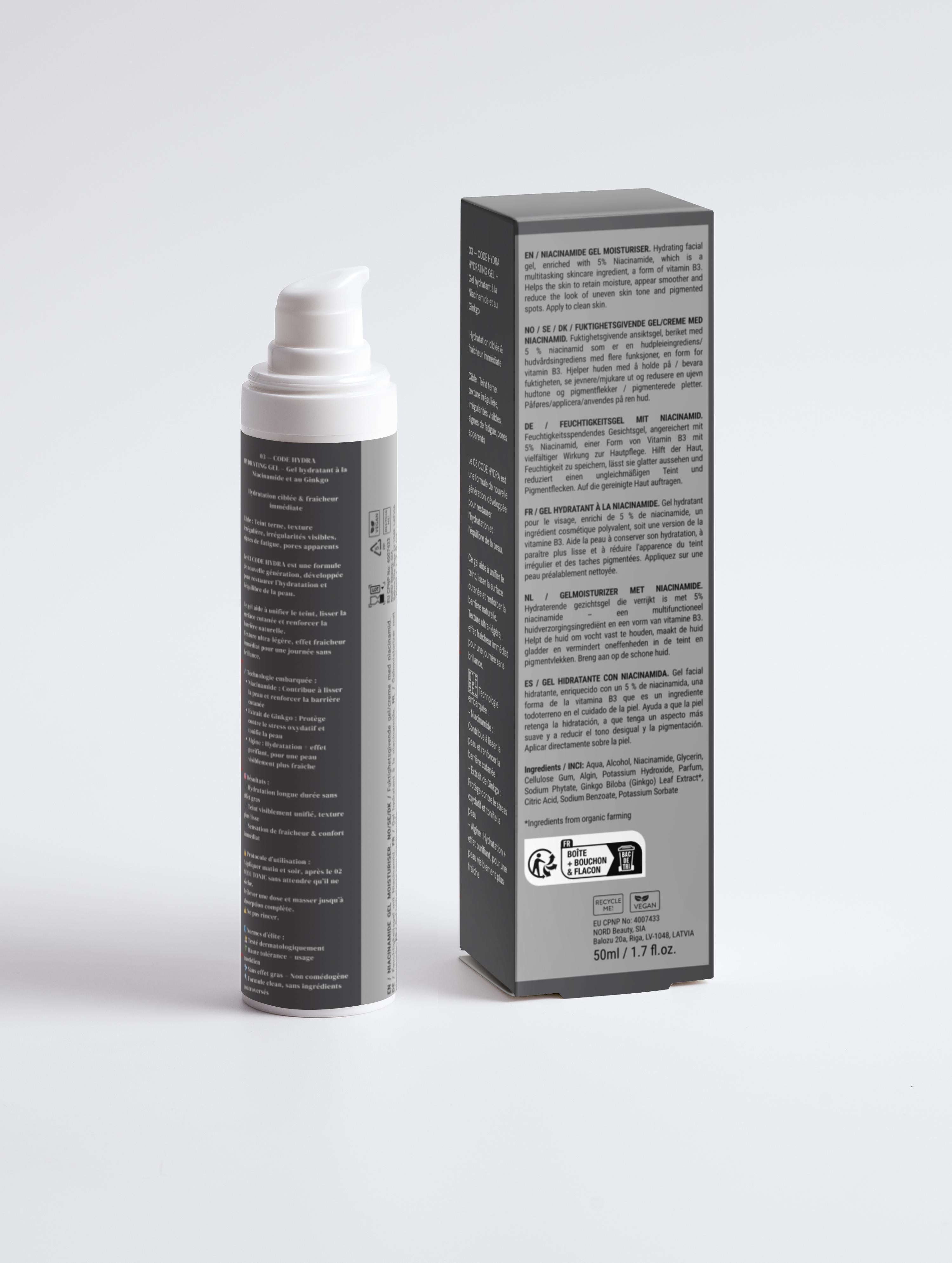 03 CODE HYDRA - Gel Hydratant visage homme à la Niacinamide & Ginkgo
